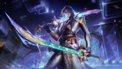 Rule 34 | 1boy, abs, absurdres, belt, black belt, black gloves, black hair, closed mouth, crop top, dual wielding, earrings, gloves, heartsteel (league of legends), highres, holding, holding sword, holding weapon, jacket, jewelry, league of legends, long hair, looking at viewer, male focus, multicolored hair, official alternate costume, official art, open mouth, pants, prestige heartsteel yone, solo, sunglasses, sword, tinted eyewear, two-tone hair, weapon, white hair, white jacket, white pants, yone (league of legends)