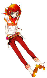Rule 34 | 10s, 1girl, alternate costume, anklet, bandana, belt, casual, hair ornament, hairclip, hands in pockets, hino akane (smile precure!), jewelry, key, necklace, orange eyes, orange hair, pants, pants rolled up, pigeon-toed, precure, red pants, shirt, short hair, short sleeves, simple background, smile precure!, solo, t-shirt, tima, wristband