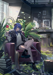 Rule 34 | 1girl, absurdres, arknights, asymmetrical gloves, ball, bare legs, black footwear, black gloves, black jacket, blue eyes, blue hair, book, boots, couch, cross-laced footwear, echj, gloves, hair between eyes, halo, hand on own knee, hand up, highres, horns, indoors, jacket, lace-up boots, long hair, long sleeves, looking at viewer, mismatched gloves, mostima (arknights), open clothes, open jacket, picture frame, shirt, shoe soles, sitting, solo, staff, sunlight, thighs, tree, white gloves, white shirt, window