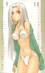 Rule 34 | 1girl, absurdres, armpits, arms at sides, bow, bow bra, bow panties, bra, breasts, calendar, cleavage, closed mouth, collarbone, cowboy shot, fate/zero, fate (series), female focus, grey hair, groin, highres, irisviel von einzbern, leaning forward, legs, long hair, long sleeves, looking at viewer, medium breasts, morii shizuki, navel, off shoulder, open clothes, open shirt, panties, parted bangs, red eyes, shirt, simple background, sleeves past wrists, smile, solo, standing, thighs, type-moon, unbuttoned, underwear, very long hair, white bra, white panties