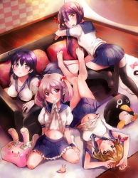Rule 34 | 10s, 4girls, ahoge, akebono (kancolle), apron, bandaid, bandaid on face, barefoot, bell, black hair, black socks, blue skirt, brown eyes, brown hair, carpet, checkered wall, clothes in mouth, couch, crab, failure penguin, feet, flower, frilled skirt, frills, hair bell, hair between eyes, hair bobbles, hair flower, hair ornament, indoors, kantai collection, kneehighs, long hair, looking at viewer, lying, miss cloud, mouth hold, multiple girls, navel, oboro (kancolle), on back, on stomach, pillow, pink eyes, pink hair, pleated skirt, purple eyes, purple hair, rabbit, sazanami (kancolle), school uniform, serafuku, shirt in mouth, short hair, side ponytail, sitting, skirt, smile, socks, twintails, ushio (kancolle), very long hair, white legwear, wooden floor