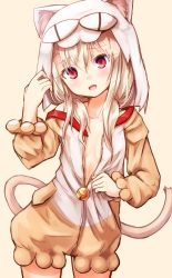 Rule 34 | 1girl, :d, animal hood, baram, bell, blonde hair, breasts, cat hood, cat tail, commentary request, fake tail, fate/kaleid liner prisma illya, fate (series), hair between eyes, hood, hooded pajamas, illyasviel von einzbern, jingle bell, long hair, looking at viewer, neco-arc, open mouth, open pajamas, pajamas, red eyes, small breasts, smile, solo, tail