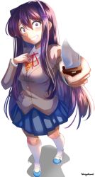 Rule 34 | 1girl, artist name, blazer, blue footwear, blue skirt, blush, bow, bowtie, breasts, combat knife, commentary, commission, constricted pupils, crazy eyes, crazy smile, curled fingers, doki doki literature club, dress shirt, english commentary, foreshortening, from above, grey jacket, grin, hair between eyes, hair ornament, hair over shoulder, hairclip, hand on own chest, holding, holding knife, holding weapon, incoming attack, jacket, knife, large breasts, long hair, long sleeves, looking at viewer, looking up, neck ribbon, parted lips, pleated skirt, purple eyes, purple hair, raised eyebrows, reaching, reaching towards viewer, red bow, red bowtie, red ribbon, ribbon, school uniform, shadow, shirt, shoes, sidelocks, signature, simple background, skirt, smile, socks, solo, standing, sweater vest, takuyarawr, two-tone footwear, uwabaki, very long hair, weapon, white background, white footwear, white shirt, white socks, wide-eyed, yandere, yellow sweater vest, yuri (doki doki literature club)