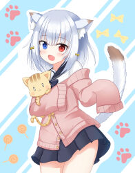 Rule 34 | absurdres, animal ear fluff, animal ears, arisugawa etona, blue bow, blue bowtie, blue eyes, blue sailor collar, blue skirt, blush, bow, bowtie, candy, cardigan, cat, cat ears, cat tail, cowboy shot, fang, food, hair bow, harunopoteto, heterochromia, highres, indie virtual youtuber, lollipop, looking at viewer, medium hair, open mouth, paw print, pink cardigan, pleated skirt, red eyes, sailor collar, school uniform, serafuku, skin fang, skirt, sleeves past fingers, sleeves past wrists, smile, tail, tyler (arisugawa etona), white hair, white serafuku, yellow bow