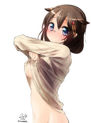 Rule 34 | 10s, 1girl, 2014, bad id, bad pixiv id, bespectacled, blue eyes, breasts, brown hair, clothes lift, dated, glasses, hair ornament, kantai collection, lifted by self, long sleeves, looking at viewer, medium breasts, naked sweater, navel, nekobaka, ribbed sweater, shigure (kancolle), signature, simple background, solo, sweater, sweater lift, underboob, undressing, white background