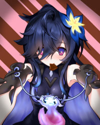 Rule 34 | 1girl, armpits, blush, candy, chocolate, chocolate heart, elsword, er se lianhua die, feathers, flower, food, hair flower, hair ornament, hair over one eye, heart, highres, long hair, nisha (elsword), nisha labyrinth (elsword)