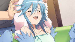 Rule 34 | 1boy, 1girl, artist request, blue feathers, blue hair, blue wings, blush, closed eyes, feathers, game cg, hair between eyes, harpy, monster girl, monster musume no iru nichijou, monster musume no iru nichijou online, naked towel, official art, open mouth, papi (monster musume), towel, towel on head, wet, winged arms, wings