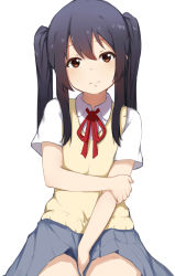 Rule 34 | 1girl, absurdres, black hair, breasts, brown eyes, child, closed mouth, female focus, highres, k-on!, long hair, looking at viewer, miniskirt, nakano azusa, pear sauce, school uniform, sitting, skirt, small breasts, solo, thighs, twintails, white background