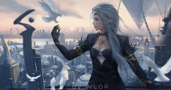 Rule 34 | 1girl, arch, artist name, bird, breasts, building, chain, circlet, cleavage, cloud, dove, elf, facial mark, feather trim, floating, flying, highres, landing, long hair, original, pointy ears, profile, silver hair, sky, skyscraper, sunset, wind, wings, wlop
