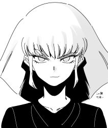 1girl absurdres greyscale gundam gundam_zz haman_karn highres long_hair looking_at_viewer mobile_suit_gundam monochrome portrait rasupekuto simple_background smile solo white_background zeta_gundam