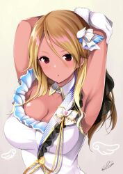 Rule 34 | 1girl, armpits, arms up, azuma yuki, beyond the bluesky (idolmaster), black eyes, blonde hair, blue ribbon, blush, bow, breasts, brown hair, cleavage, collar, collarbone, commentary, dark-skinned female, dark skin, detached collar, dot nose, dress, frilled dress, frills, fur-trimmed gloves, fur trim, gloves, gradient background, gradient hair, gyaru, hair bow, hair ribbon, holding own arm, idolmaster, idolmaster shiny colors, izumi mei, large breasts, long hair, looking at viewer, multicolored hair, parted lips, ribbon, signature, sleeveless, sleeveless dress, solo, tan, upper body, white collar, white dress, white gloves, white ribbon, wing hair ornament, wings, yellow background