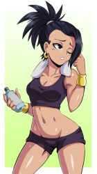Rule 34 | 10s, 1girl, bare shoulders, black eyes, black hair, bottle, breasts, cleavage, collarbone, commentary, curvy, dark-skinned female, dark skin, dragon ball, dragon ball super, earrings, female focus, groin, gym shorts, highres, holding, holding bottle, hoop earrings, jewelry, kale (dragon ball), lewdamone, lipstick, lowleg, lowleg shorts, makeup, medium breasts, midriff, navel, one eye closed, parted lips, ponytail, red lips, saiyan, short shorts, shorts, simple background, solo, spiked hair, stomach, sweat, tank top, thighs, towel, towel around neck, water bottle, wristband