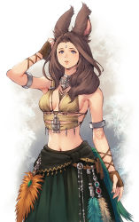 Rule 34 | 1girl, animal ear fluff, animal ears, warrior of light (ff14), bare shoulders, blue eyes, breasts, brown hair, commentary, feathers, fictional persona, final fantasy, final fantasy xiv, fingernails, gloves, green skirt, hand up, highres, jewelry, lips, looking at viewer, makimura shunsuke, medium breasts, midriff, navel, necklace, parted bangs, parted lips, rabbit ears, simple background, skirt, sleeveless, solo, stomach, tattoo, viera
