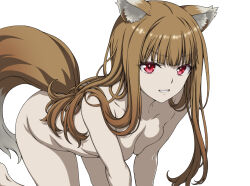 Rule 34 | 1girl, all fours, animal ear fluff, animal ears, blunt bangs, blurry, breast press, breasts, bright pupils, brown hair, cleavage, collarbone, colored eyelashes, commentary request, completely nude, depth of field, feet out of frame, grin, hair over shoulder, hair spread out, holo, isse, long hair, looking at viewer, medium breasts, nude, red eyes, sidelocks, simple background, smile, solo, spice and wolf, straight hair, tail, thighs, tsurime, v-shaped eyebrows, white background, wolf ears, wolf girl, wolf tail