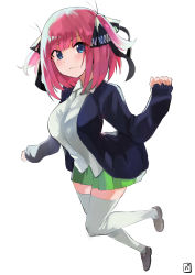 Rule 34 | 1girl, absurdres, black cardigan, black ribbon, blue eyes, blunt bangs, blush, breasts, brown footwear, butterfly hair ornament, cardigan, closed mouth, eyebrows hidden by hair, go-toubun no hanayome, green skirt, hair ornament, highres, large breasts, looking at viewer, nakano nino, open cardigan, open clothes, pineapple (pine), pink hair, ribbon, shirt, simple background, skirt, sleeves past wrists, thick thighs, thighhighs, thighs, twintails, white background, white shirt, white thighhighs, zettai ryouiki