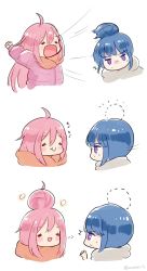Rule 34 | 2girls, :d, :o, ahoge, arms up, blue hair, blush, chibi, closed eyes, coat, comic, dotted line, grey scarf, hair between eyes, hair bun, hand up, highres, jitome, kagamihara nadeshiko, kirby (series), long hair, long sleeves, looking at another, motion lines, multiple girls, nintendo, no mouth, open mouth, orange scarf, outstretched arms, pink coat, pink hair, portrait, purple eyes, qi&#039;e (penguin), scarf, shima rin, sidelocks, silent comic, simple background, single hair bun, smile, swallowing, sweatdrop, transformation, translation request, twitter username, upper body, white background, winter clothes, winter coat, yurucamp