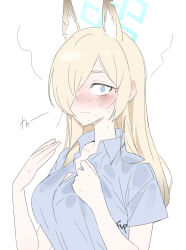 Rule 34 | 1girl, animal ears, blonde hair, blue archive, blue eyes, blue shirt, blush, breasts, closed mouth, collarbone, collared shirt, commentary request, constricted pupils, dog ears, ear blush, embarrassed, extra ears, fanning self, fpanda, halo, highres, hot, kanna (blue archive), long bangs, looking at viewer, medium breasts, nervous sweating, nose blush, partially unbuttoned, ringed eyes, shirt, sketch, solo, sweat, swept bangs, tareme, upper body, wavy mouth