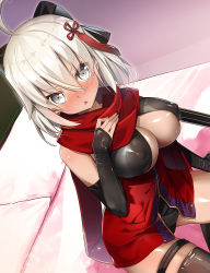 Rule 34 | 1girl, ahoge, arm guards, armor, black bow, bow, breasts, cleavage cutout, clothing cutout, covered erect nipples, dark-skinned female, dark skin, fate/grand order, fate (series), hair bow, half updo, highres, japanese armor, kote, kurokote, large breasts, okita souji (fate), okita souji alter (fate), okita souji alter (first ascension) (fate), on bed, red scarf, scarf, sitting, solo, tassel, white eyes, white hair, yamacchi