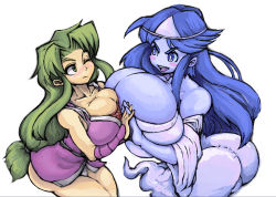 Rule 34 | &gt;:d, 2girls, :d, arm guards, ass, asymmetrical docking, bare shoulders, battle, blue eyes, blue hair, blue skin, blush, blush stickers, breast press, breasts, bursting breasts, cleavage, collarbone, colored skin, curvy, eye contact, fishnets, flipped hair, from side, ganbare goemon, ghost, ghost woman (ganbare goemon), gigantic breasts, green eyes, green hair, hair tie, hitaikakushi, holding hands, huge ass, huge breasts, impossible clothes, interlocked fingers, japanese clothes, kimono, leaning forward, long hair, long sleeves, looking at another, low-tied long hair, monster girl, mugi no yae, multiple girls, ninja, nose blush, off shoulder, one eye closed, onna yuurei, open mouth, panties, pantyshot, parted bangs, ponytail, sash, short kimono, sidelocks, simple background, sleeveless, smile, teruki, thick thighs, thighs, triangular headpiece, underwear, v-shaped eyebrows, very long hair, white background, white panties, wide sleeves, wince, wink, yae (ganbare goemon)