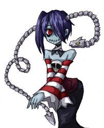 Rule 34 | 1girl, blue skin, bone, colored skin, hair over one eye, leviathan (skullgirls), monster girl, ray-k, red eyes, skullgirls, smile, squigly (skullgirls), stitched mouth, stitches, yellow eyes, zombie