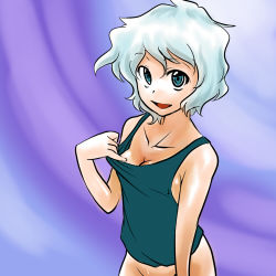 Rule 34 | 1girl, blue eyes, blue hair, bottomless, breasts, cleavage, clothes pull, d.koutya, female focus, matching hair/eyes, merlin prismriver, no panties, out-of-frame censoring, shirt pull, short hair, solo, touhou