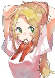 Rule 34 | 1girl, arms up, blonde hair, blush, bow, eyelashes, green eyes, highres, hojhcwqlwrfrvnk, long hair, mouth hold, original, red bow, red neckwear, simple background, smile, solo, tying hair, upper body, white background, wide sleeves