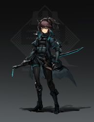 Rule 34 | 1girl, absurdres, arknights, armored boots, belt pouch, black coat, black gloves, black pantyhose, black shorts, blue eyes, boots, brown hair, closed mouth, coat, cwosant, elbow gloves, full body, gloves, highres, holding, holding sword, holding weapon, horns, katana, long hair, long sleeves, looking at viewer, mole, mole under eye, pantyhose, ponytail, pouch, reverse grip, shorts, solo, standing, sword, weapon, yato (arknights)