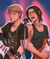 Rule 34 | 2boys, alternate universe, artist name, black shirt, black tank top, blue eyes, bracelet, brown eyes, brown hair, chalseu, commentary, derivative work, electric guitar, english commentary, eren yeager, grin, guitar, highres, instrument, jean kirstein, jewelry, light brown hair, male focus, medium hair, microphone, microphone stand, mouth hold, multiple boys, music, necklace, open mouth, playing instrument, plectrum, plectrum in mouth, shingeki no kyojin, shirt, signature, smile, t-shirt, tank top, wristband