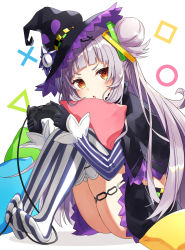 Rule 34 | 1girl, :o, ass, black capelet, black gloves, black hat, black skirt, blunt bangs, brown eyes, cable, capelet, commentary request, crop top, gloves, hair bun, hair ornament, hat, head tilt, highres, holding, hololive, knees up, long hair, long sleeves, looking at viewer, midriff, miniskirt, murasaki shion, murasaki shion (1st costume), no shoes, parted lips, pillow, pinstripe pattern, pinstripe shirt, playstation controller, purple shirt, sanpaku, shirt, silver hair, single hair bun, single side bun, sitting, skirt, sleeves past wrists, solo, striped clothes, striped shirt, striped thighhighs, thighhighs, v-shaped eyebrows, vertical-striped clothes, vertical-striped shirt, virtual youtuber, white background, witch hat, yon (letter)