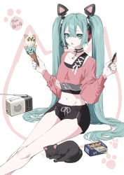 Rule 34 | 1girl, :o, animal, animal ears, aqua eyes, aqua hair, bell, belt, black cat, black shirt, black shorts, box, breasts, cat, cat day, cat ears, chestnut mouth, chocolate mint, choker, collarbone, crop top, crop top overhang, cross-laced clothes, crossed legs, dated, dolphin shorts, double scoop, drawstring, eyelashes, fake animal ears, feet out of frame, food, food art, food request, groin, hair ornament, hands up, hatsune miku, headset, highres, holding, holding food, ice cream, ice cream cone, layered clothes, legs, long hair, long sleeves, looking at viewer, midriff, mint chocolate, nail polish, navel, neck bell, outstretched leg, paw print, pink shirt, see-through, shirt, shorts, sitting, sleeping, small breasts, solo, stereo, suzukou, twintails, very long hair, vocaloid, w arms, waffle cone, white background
