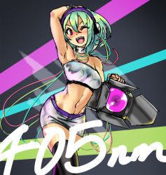 Rule 34 | 1girl, 405nm, ;), arm up, armpits, bandeau, beatmania, beatmania iidx, black thighhighs, breasts, cable, character request, choker, eu03, green hair, headphones, highres, jewelry, midriff, miniskirt, navel, necklace, one eye closed, pink eyes, short hair, skirt, small breasts, smile, solo, stage lights, strapless, thighhighs, tube top