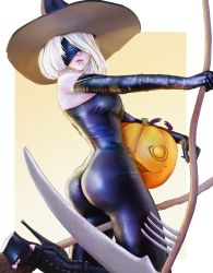 Rule 34 | 1girl, android, ass, bare shoulders, blindfold, bodysuit, boots, breasts, elbow gloves, from behind, gloves, hat, high heel boots, high heels, highres, jack-o&#039;-lantern, medium breasts, nier:automata, nier (series), scythe, shiny clothes, shiny skin, short hair, sideboob, silver hair, skin tight, solo, square enix, yoracrab, 2b (nier:automata)