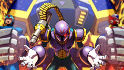 Rule 34 | 3boys, absurdres, android, armor, blonde hair, blue armor, blurry, blurry background, cowboy shot, dasoin, dated, glowing, glowing eye, gun, helmet, highres, holding, legs apart, machine gun, mega man (series), mega man x (series), mega man x dive, mixed-language commentary, multiple boys, open mouth, purple armor, red armor, robot, shadow, signature, sparkle, standing, vile (mega man), weapon, x (mega man), zero (mega man)