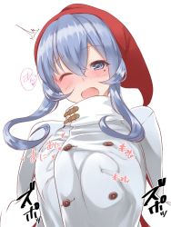 Rule 34 | 1girl, alternate costume, blue eyes, blue hair, blush, breasts, christmas, coat, gotland (kancolle), grabbing, grabbing another&#039;s breast, groping, hair between eyes, hair bun, hand under clothes, hat, highres, kantai collection, large breasts, long hair, long sleeves, looking at viewer, mole, mole under eye, one eye closed, santa hat, simple background, single hair bun, takase muh, white background, white coat