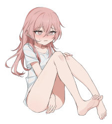 Rule 34 | 1girl, @ @, absurdres, barefoot, blouse, blush, collarbone, covering crotch, covering privates, crossed bangs, feet, female focus, full body, hair between eyes, highres, inui sajuna, long hair, pink eyes, pink hair, shirt, short sleeves, simple background, sitting, soles, solo, sono bisque doll wa koi wo suru, t-shirt, toes, white background, white shirt, yume (454565427)