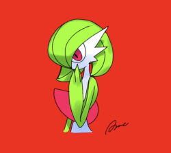 Rule 34 | 1girl, ame (metorui), arm at side, artist name, bob cut, colored skin, creatures (company), cropped torso, female focus, flat chest, game freak, gardevoir, gen 3 pokemon, green hair, green skin, hair over one eye, hand to own mouth, hand up, looking afar, multicolored skin, nintendo, one eye covered, pokemon, pokemon (creature), red background, red eyes, short hair, signature, simple background, solo, two-tone skin, upper body, white skin