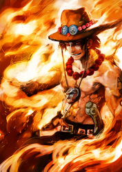 Rule 34 | 1boy, black hair, dagger, fiery background, fire, hat, jewelry, knife, lack, male focus, manly, muscular, necklace, one piece, orange background, orange theme, portgas d. ace, red eyes, red theme, solo, tattoo, topless male, weapon