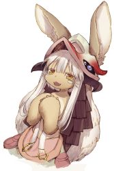 Rule 34 | 1other, :d, animal ear fluff, animal ears, black horns, brown fur, fangs, fur, furry, hair between eyes, hands up, highres, horizontal pupils, horns, looking at viewer, made in abyss, multicolored fur, nanachi (made in abyss), open mouth, puchiman, ringed eyes, short hair with long locks, simple background, smile, solo, straight hair, topless, two-tone fur, whiskers, white background, white fur, white hair, yellow eyes