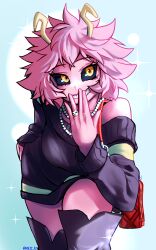 Rule 34 | 1girl, absurdres, antennae, artist name, ashido mina, bead necklace, beads, black footwear, black sclera, black sweater, blue background, boku no hero academia, boots, breasts, colored sclera, colored skin, commentary, english commentary, hhholic, highres, jewelry, looking at viewer, medium breasts, necklace, off shoulder, orange eyes, parted lips, pink hair, pink skin, short hair, skull ring, smile, solo, sparkle, sweater, thigh boots