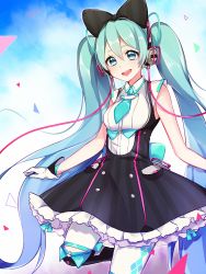 Rule 34 | 1girl, aqua eyes, aqua hair, aqua necktie, argyle, bare shoulders, black bow, black skirt, blue sky, bow, cable, commentary, cowboy shot, framed breasts, frilled skirt, frills, gloves, hair bow, hatsune miku, headphones, highres, hoop skirt, large bow, leafwow, leg up, long hair, looking at viewer, magical mirai (vocaloid), magical mirai miku, magical mirai miku (2016), necktie, open mouth, shirt, short necktie, skirt, sky, sleeveless, sleeveless shirt, smile, solo, thighhighs, triangle, twintails, very long hair, vocaloid, white gloves, white shirt, white thighhighs