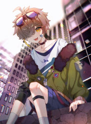 Rule 34 | 1boy, ahoge, bandaid, bandaid on face, building, character request, child, choker, fang, grey hair, highres, jacket, male focus, open mouth, outdoors, rotaeno, short hair, shorts, sitting, skin fang, skyscraper, soleilray, urban, yellow eyes