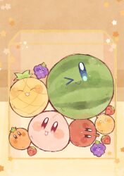 Rule 34 | &gt; o, :d, :i, :o, ^ ^, apple, blue eyes, brown background, closed eyes, closed mouth, commentary request, food, foodification, fruit, grapes, guarani (muku 6930), happy, highres, kirby, kirby (series), looking at viewer, nintendo, no humans, one eye closed, open mouth, orange (fruit), peach, pineapple, simple background, smile, star (symbol), strawberry, suika game, v-shaped eyebrows, watermelon, wide-eyed, yellow background
