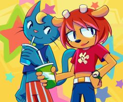 Rule 34 | 2girls, animal ears, animated, animated gif, blonde hair, blue fur, blue pants, blue shirt, cat, cat ears, cat girl, cat tail, daycolors, furry, furry female, highres, horns, katy kat, lammy (um jammer lammy), multiple girls, orange fur, pants, parappa the rapper, red hair, red shirt, shirt, soda, sony, star (symbol), striped clothes, striped pants, tail, um jammer lammy, whiskers