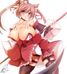 Rule 34 | 1girl, animal ears, bare shoulders, blue eyes, breasts, cat ears, cleavage, collarbone, dated, hair ribbon, highres, huge breasts, jotti, long hair, looking at viewer, parted lips, pink hair, ribbon, scythe, signature, simple background, skindentation, skirt, solo, star ocean, tattoo, twintails, white background