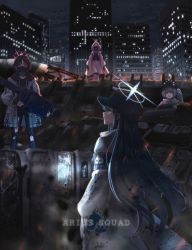 Rule 34 | 4girls, armband, asymmetrical bangs, atsuko (blue archive), bandaged neck, bandages, baseball cap, black gloves, black hair, black headwear, black hoodie, black mask, blue archive, blue eyes, building, city, cityscape, dress, embers, english text, facing viewer, fim-92 stinger, gas mask, gloves, glowing, green hair, grin, gun, hair ornament, hair over one eye, hairclip, halo, hat, highres, hiyori (blue archive), holding, holding rocket launcher, holding weapon, hood, hood up, hooded jacket, hoodie, jacket, junu (jwoo5627), light, long hair, long sleeves, looking at viewer, man-portable air-defense system, mask, misaki (blue archive), missile launcher, motor vehicle, mouth mask, multiple girls, night, open clothes, open jacket, open mouth, pink hair, red eyes, rocket launcher, rubble, saori (blue archive), scarf, short hair, side ponytail, smile, standing, surgical mask, torn clothes, truck, weapon, white dress, white jacket, white scarf, wreckage
