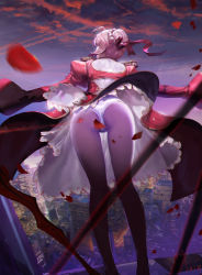 Rule 34 | 10s, 1girl, aestus estus, ass, blonde hair, cityscape, clothes lift, commentary request, dated, dress, fate/extra, fate (series), from behind, hair bun, highres, lace, lace-trimmed dress, lace trim, laser, long sleeves, looking afar, nero claudius (fate), nero claudius (fate) (all), nero claudius (fate/extra), panties, petals, rabbit (tukenitian), red dress, red ribbon, ribbon, rose petals, single hair bun, skirt, skirt lift, solo, standing, underwear