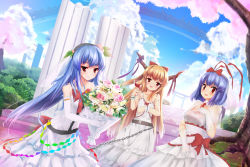 Rule 34 | 3girls, alternate costume, alternate headwear, architecture, bare shoulders, belt, blue hair, blue sky, bouquet, bow, breasts, bridal veil, bride, bridge, bush, castle, chain, cherry blossoms, cleavage, cloud, collarbone, cup, day, dress, drinking glass, dutch angle, east asian architecture, elbow gloves, female focus, flower, food, fruit, gloves, grass, hair bow, hair ribbon, hand on own chest, headband, hinanawi tenshi, horn ornament, horn ribbon, horns, ibuki suika, leaf, light smile, long hair, looking at viewer, medium breasts, multiple girls, nagae iku, off shoulder, open mouth, orange hair, peach, pillar, purple hair, red eyes, ribbon, rose, ruins, short hair, short sleeves, shuizao (little child), sky, skybridge, sleeveless, small breasts, torii, touhou, tree, veil, wedding dress, white dress, wine glass, wrist cuffs