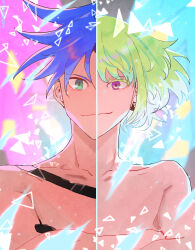 Rule 34 | 2boys, abstract background, absurdres, blue eyes, blue hair, chest harness, crossed arms, debris, earrings, galo thymos, green hair, harness, highres, jewelry, lio fotia, looking at viewer, male focus, mohawk, multiple boys, no nose, promare, purple eyes, shards, short hair, short hair with long locks, sidelocks, single earring, smile, so-rann, spiked hair, split theme, straight-on, triangle earrings, upper body