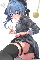 Rule 34 | 1girl, ?, @ @, ass, beret, black panties, black thighhighs, blue hair, blue ribbon, blush, closed mouth, commentary request, dress, eru (l illust45), grey dress, grey hat, hair between eyes, hair ribbon, hat, highres, hololive, hoshimachi suisei, hoshimachi suisei (1st costume), hypnosis, looking at viewer, lying, mind control, on side, panties, pendulum, plaid, plaid dress, plaid headwear, purple eyes, ribbon, short hair, side ponytail, sidelocks, simple background, solo, thigh strap, thighhighs, underwear, v, virtual youtuber, wavy mouth, white background