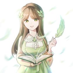 Rule 34 | 1girl, black survival, book, brown hair, dress, feathers, green dress, green nails, keinet, long hair, looking at viewer, nail polish, open book, parted lips, quill, simple background, sua (black survival), upper body, white background